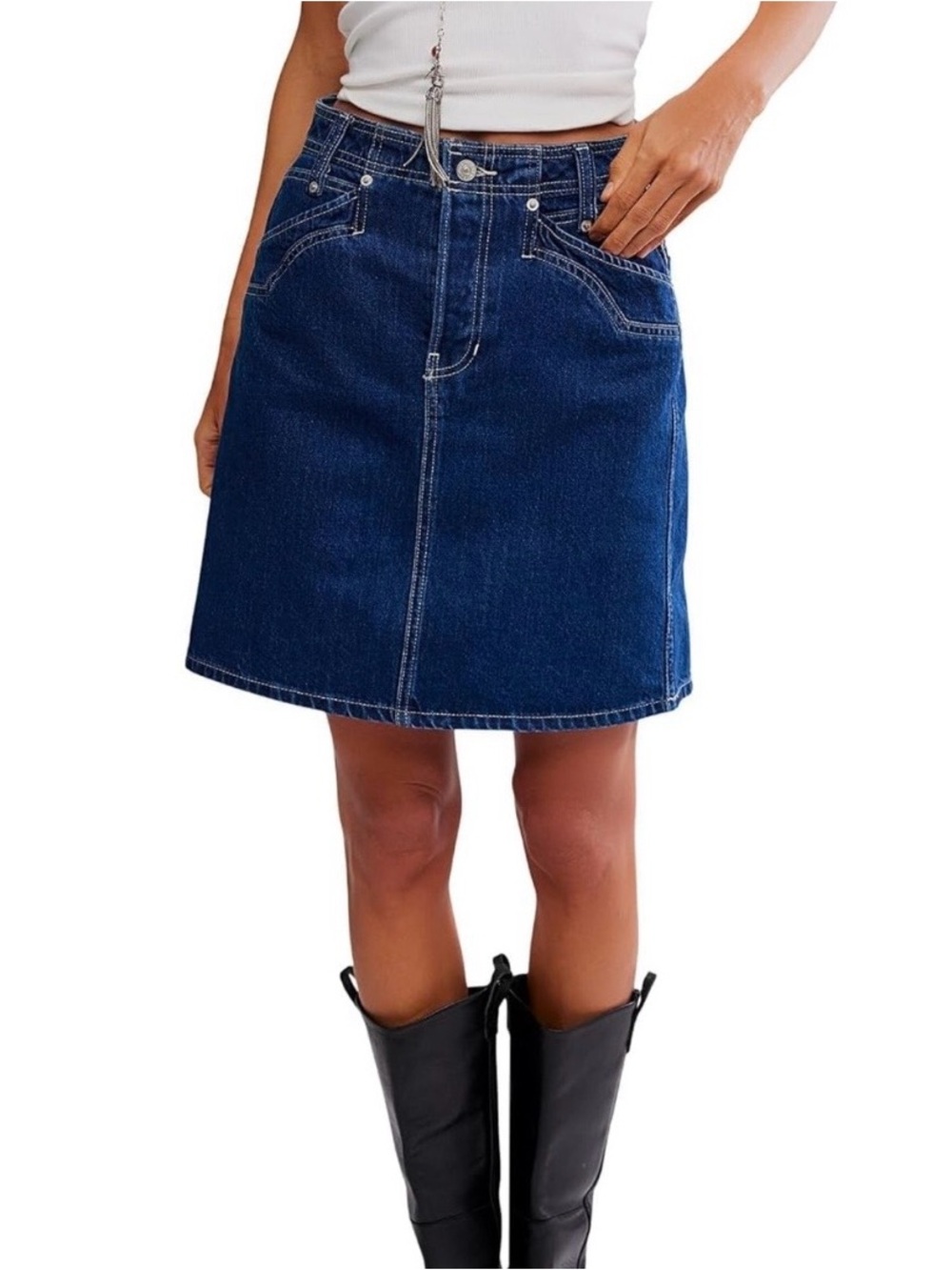 We The Free Dark Blue Denim A-Line Skirt with Contrast Stitching